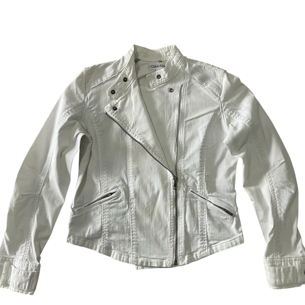 Calvin Klein White Jean Jacket Asymmetrical Zipper